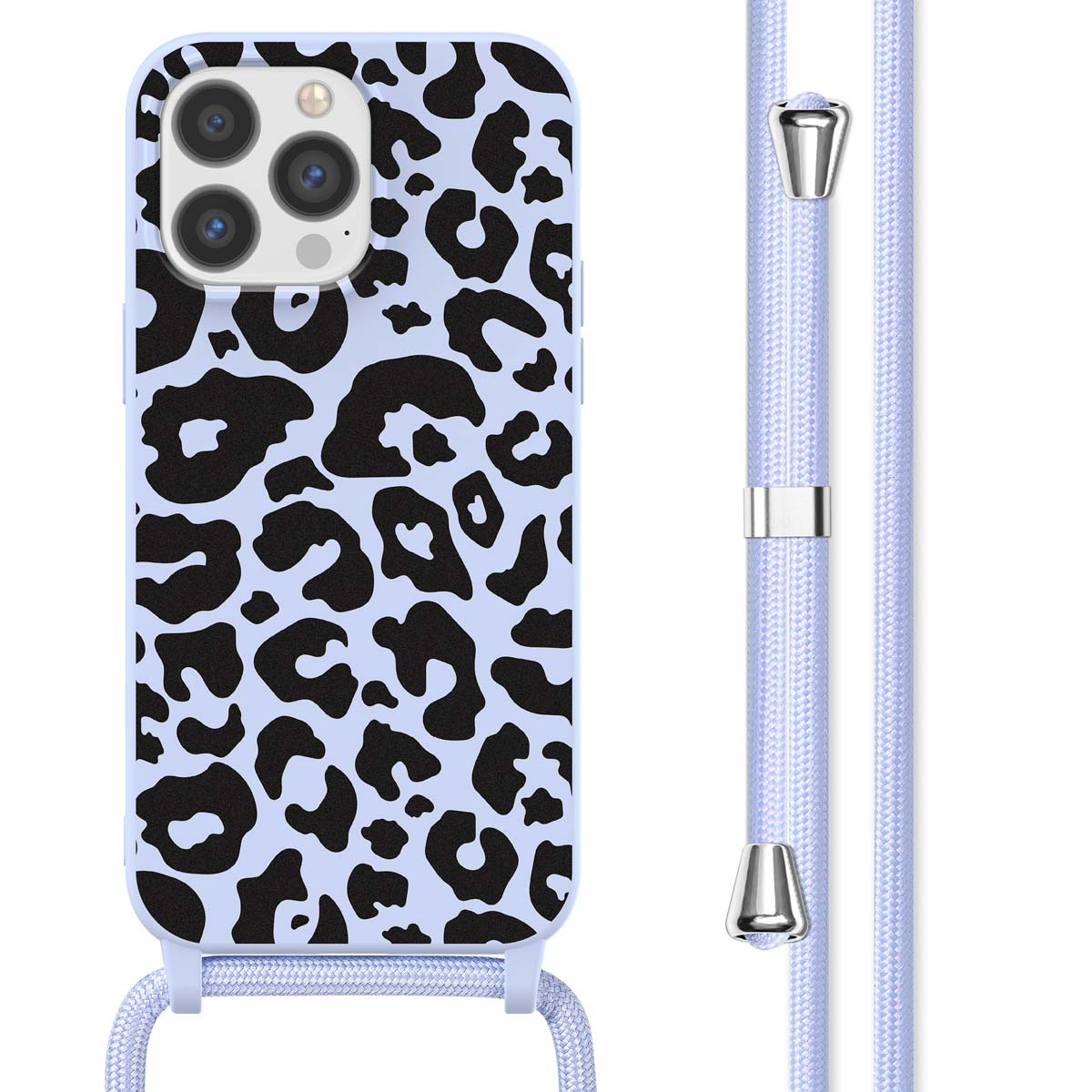 Een blauwe telefoonhoes met zwarte luipaardprint is zichtbaar, evenals een bijpassende riem.