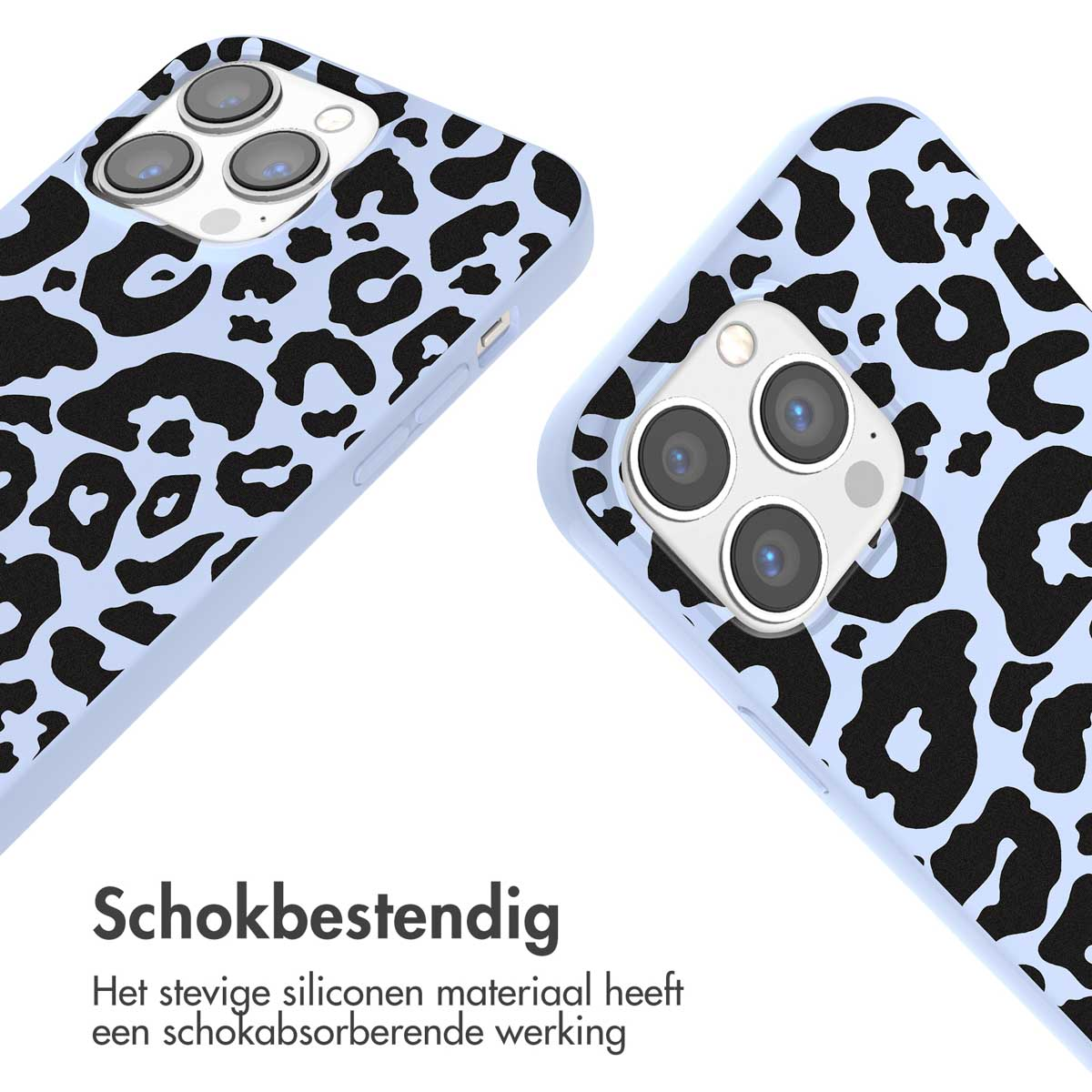 Twee blauwe telefoonhoesjes met zwarte luipaardprint zijn zichtbaar. Tekst staat onderaan.
