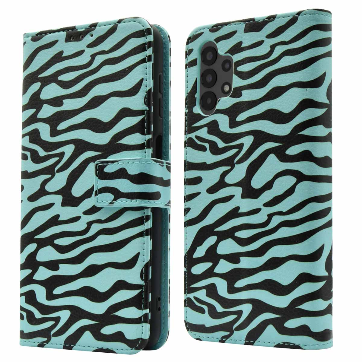 Coque de téléphone bleue avec motif zébré noir, ouverte et fermée. Le téléphone a trois caméras.