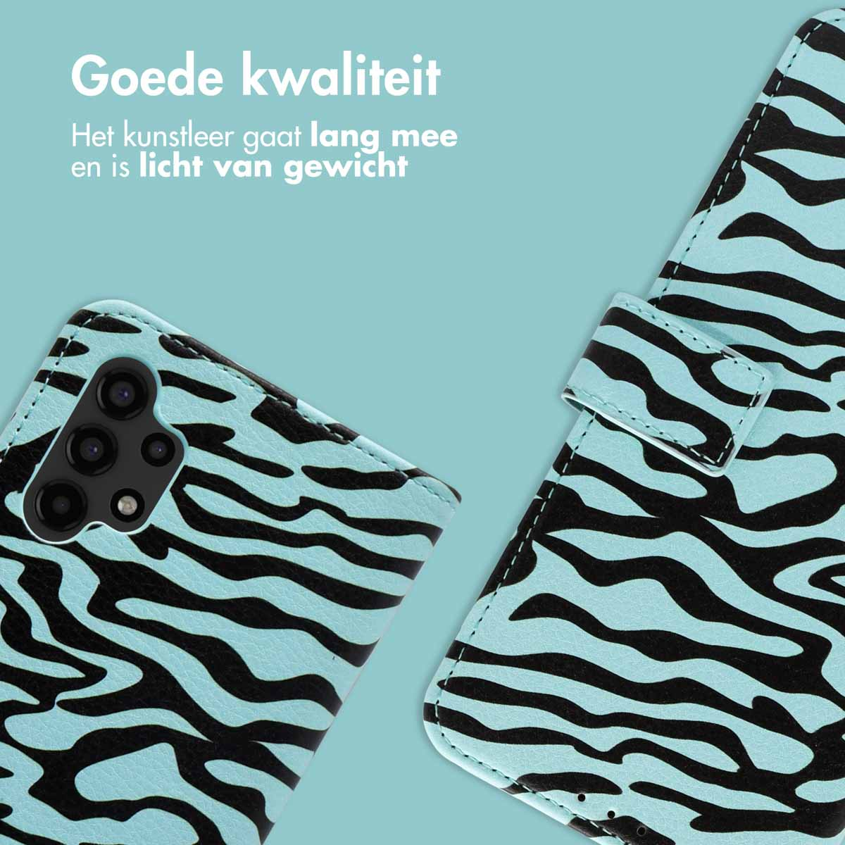 Coque de téléphone avec motif zébré bleu sur fond bleu. Gros plan.