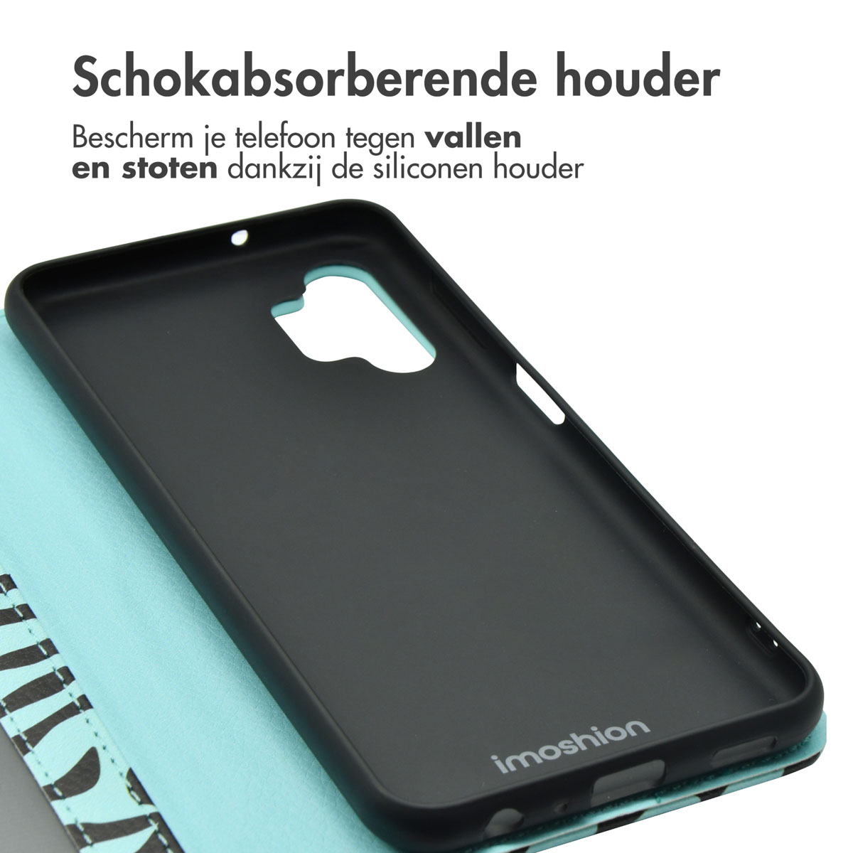 Coque de téléphone noire avec logo Imoshion. Texte : Support absorbant les chocs. Coque ouverte.