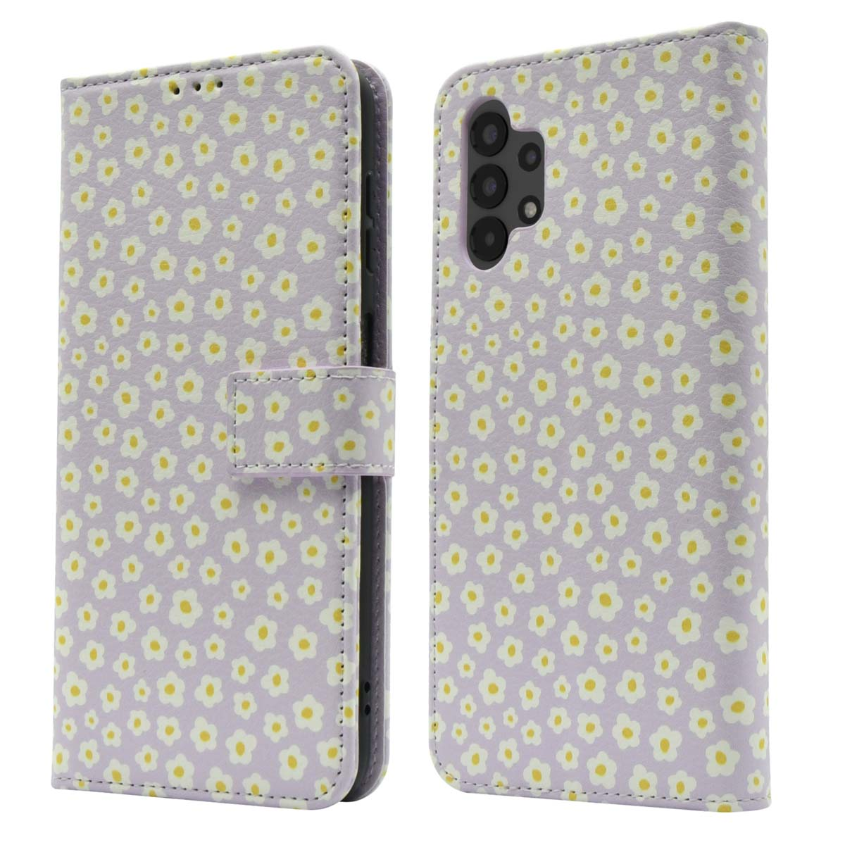 Une coque de téléphone avec un motif de marguerites. La coque est ouverte, avec un téléphone à l'intérieur.