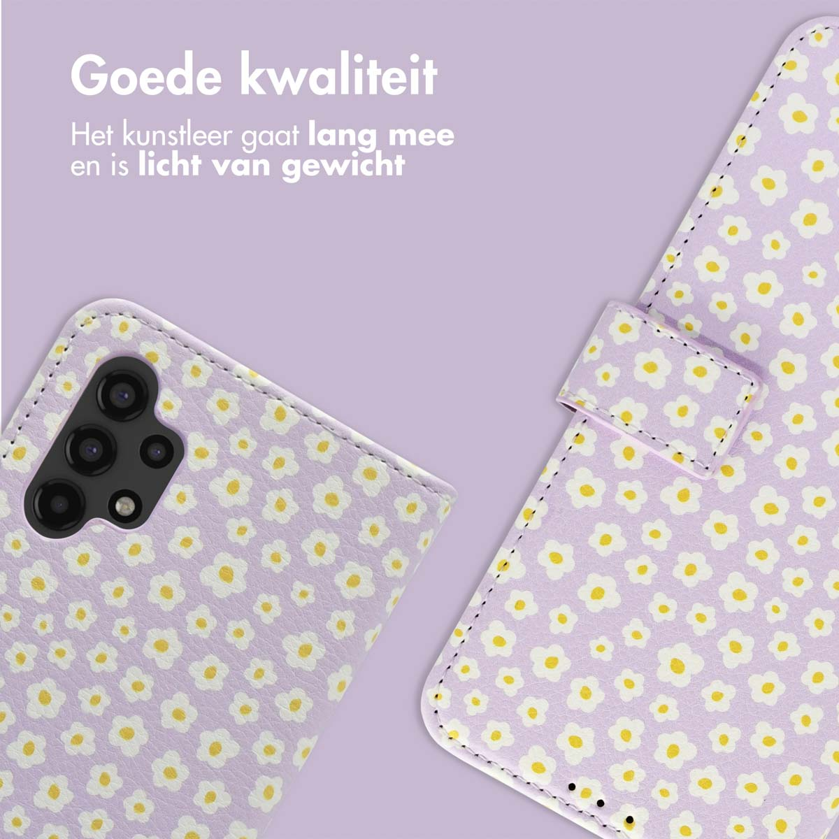 Coque de téléphone avec un motif de marguerites. La coque est ouverte. Le téléphone est à l'intérieur.
