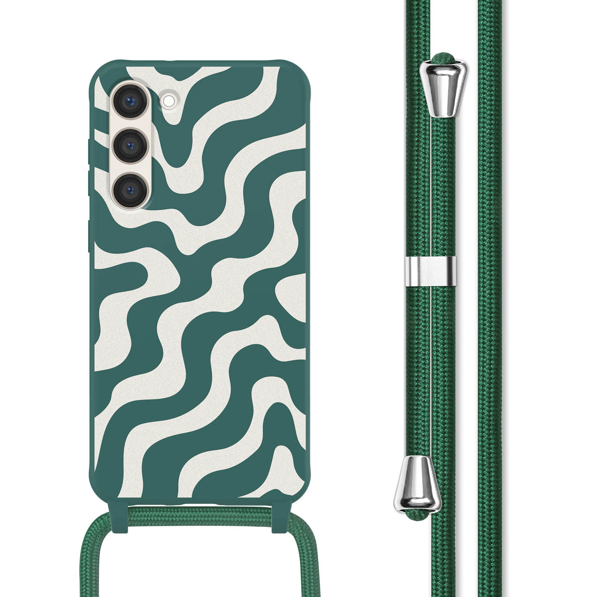 Groene telefoonhoes met golfpatroon, zelfde als het koord. Witte achtergrond.