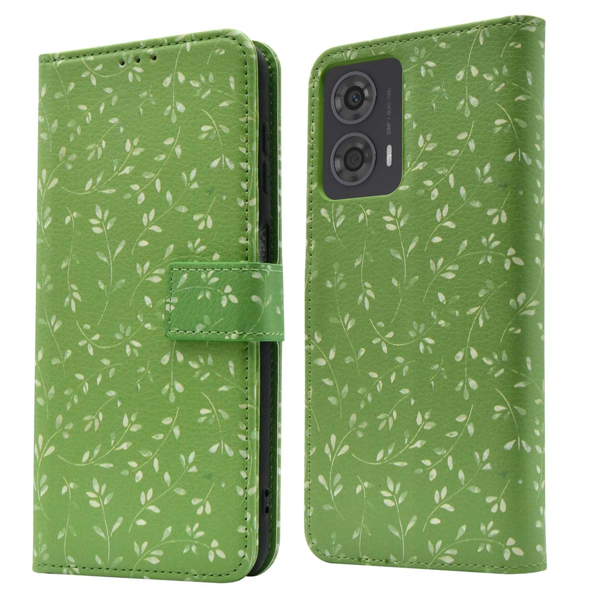 Telefoonhoesje, open, met een bloemmotief. De hoes is groen met witte bladeren.