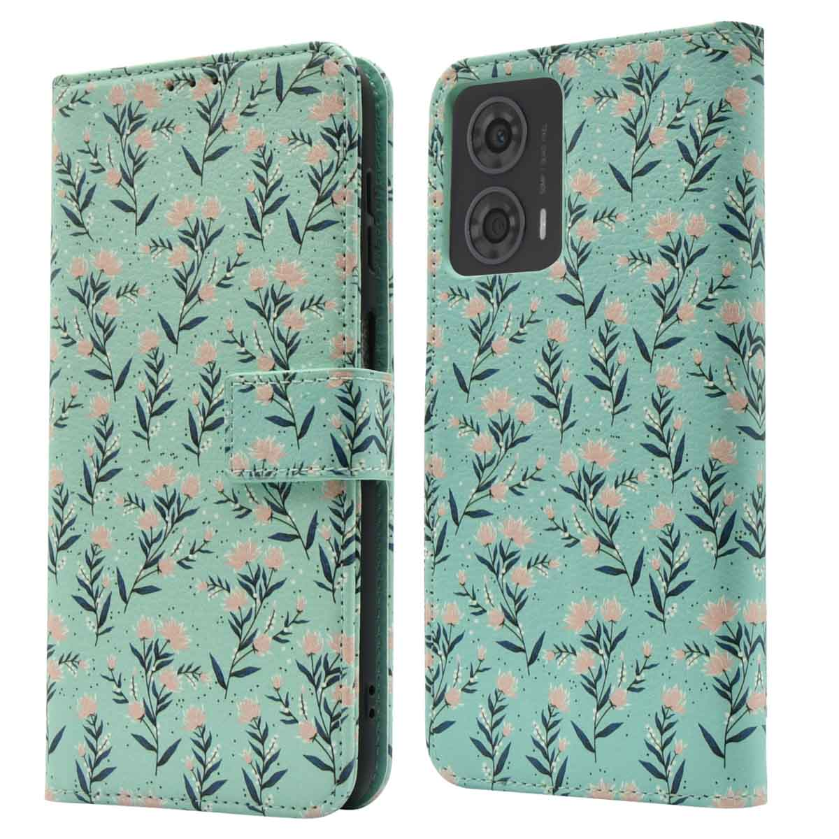 Open telefoonhoes met bloemmotief. Groene en roze kleuren. Bladdetails.