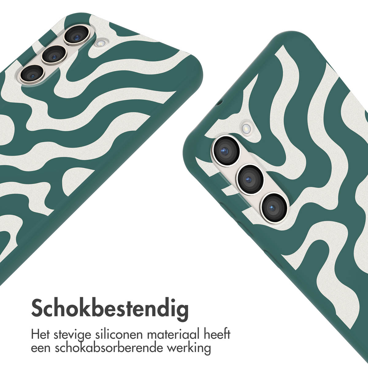 Groene telefoonhoesjes met een wit wervelpatroon. Tekst: 'Schokbestendig'. Siliconen materiaal.