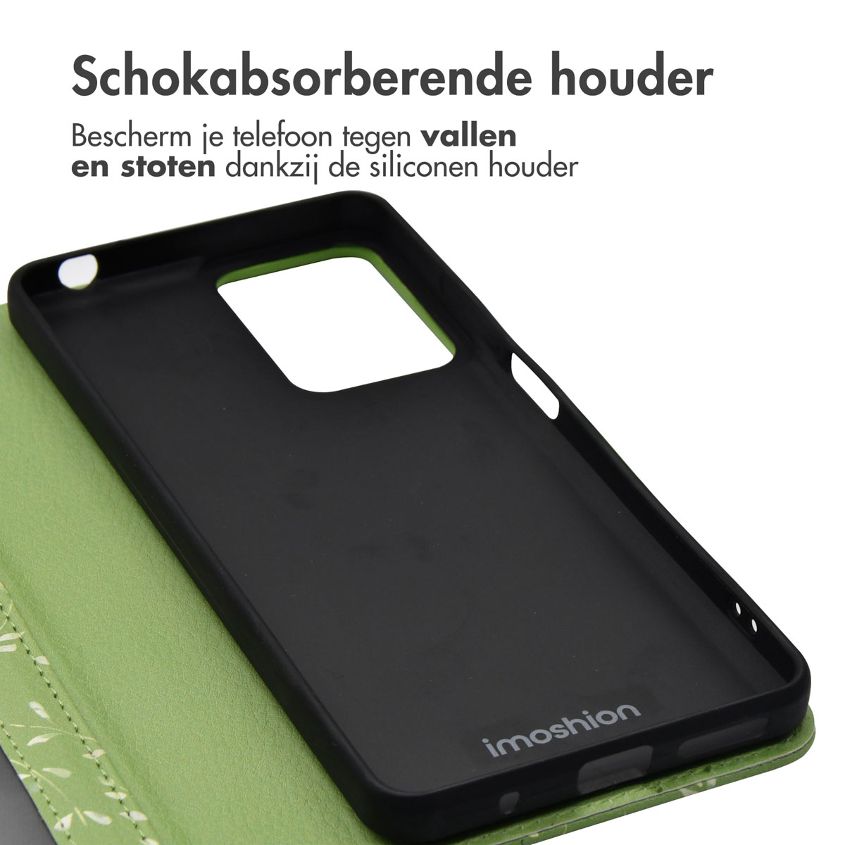 Zwarte telefoonhoes binnenkant, open, met groen bloemenpatroon aan de buitenkant.