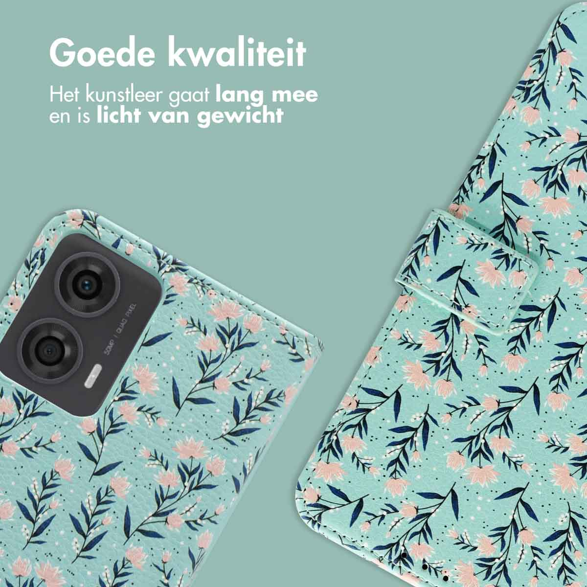 Een blauwgroene telefoonhoes met een bloemenpatroon is zichtbaar. Een telefoon met camera's is zichtbaar.