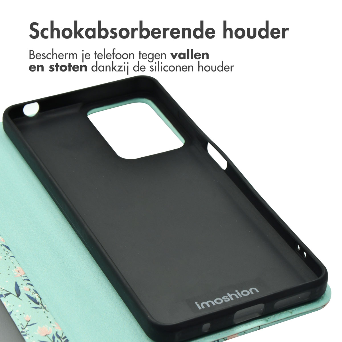 Zwarte telefoonhoes binnenkant, met mintgroene cover. Tekst: imoshion. Witte achtergrond.