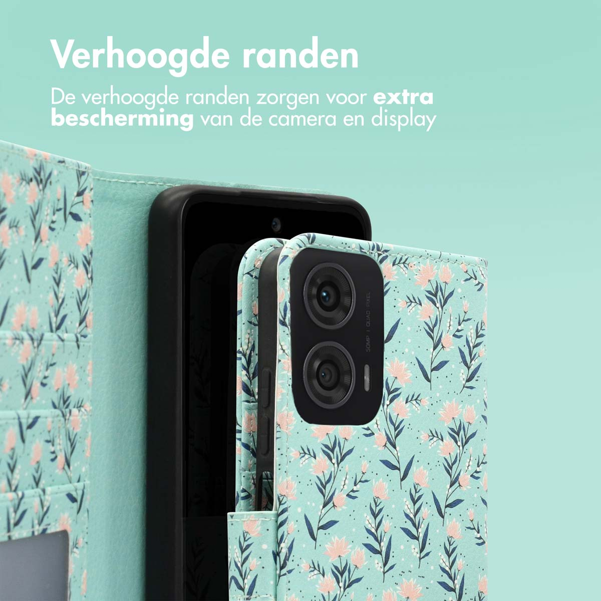 Mintgroene telefoonhoes met bloemenpatroon en portemonnee-ontwerp.