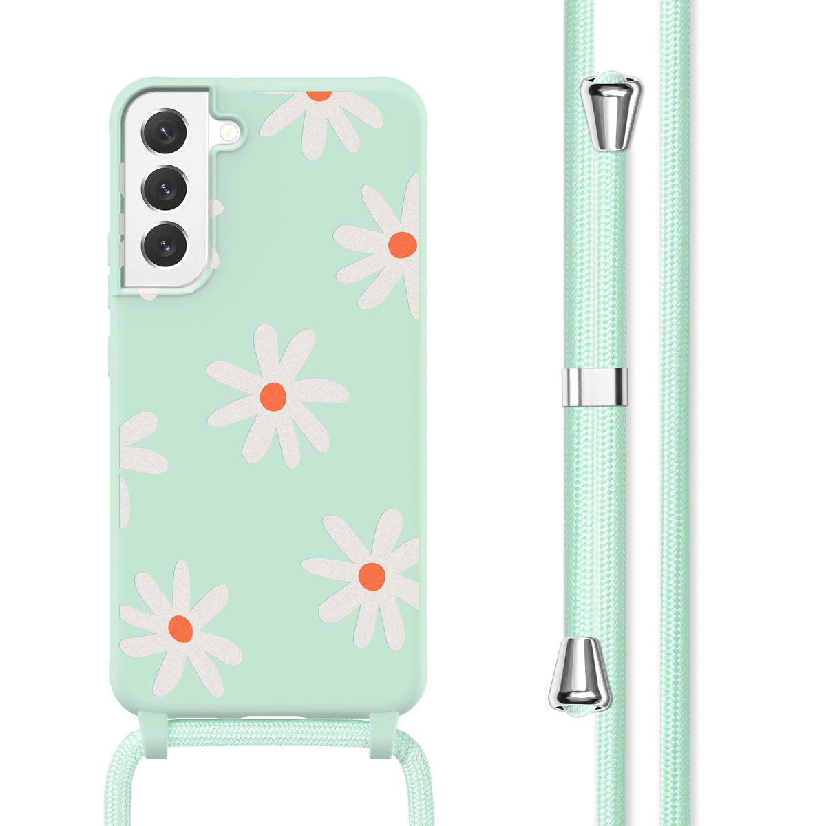 Mintgroen telefoonhoesje met wit madeliefjesontwerp. Bijpassend mintkoord. Telefoonhoesje rechts.