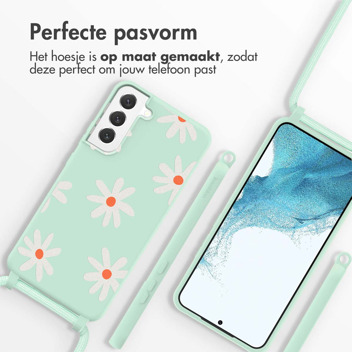 Telefoonhoesje met madeliefjesprint. Er zit een telefoon in de hoes. Een polsbandje is ook te zien.
