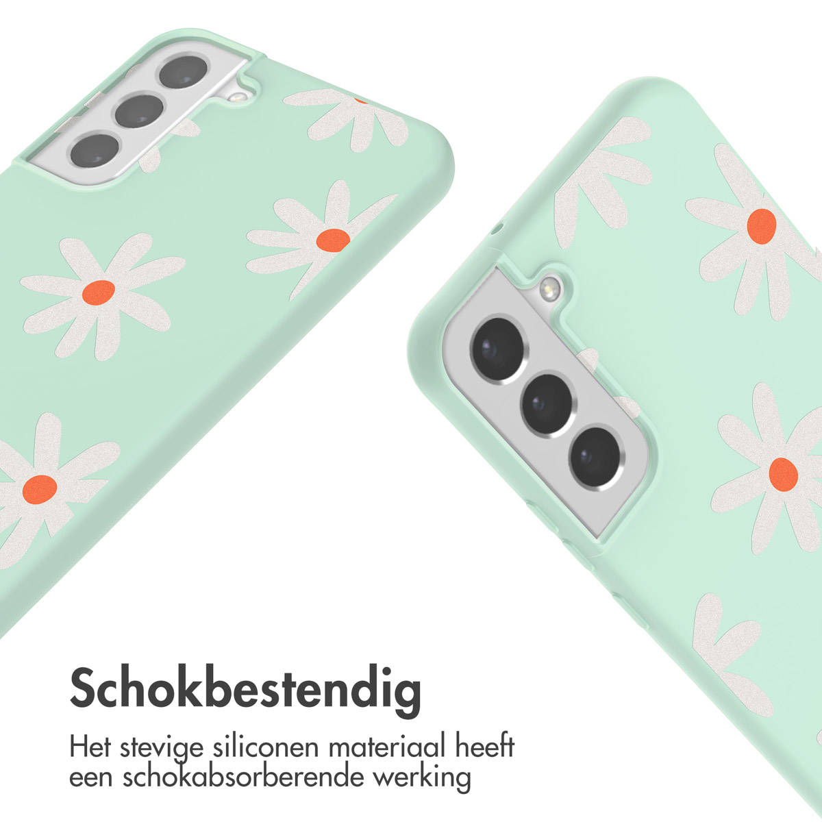Groene telefoonhoes met wit madeliefpatroon en telefoon. Tekst: Schokbestendig. Met een koord.