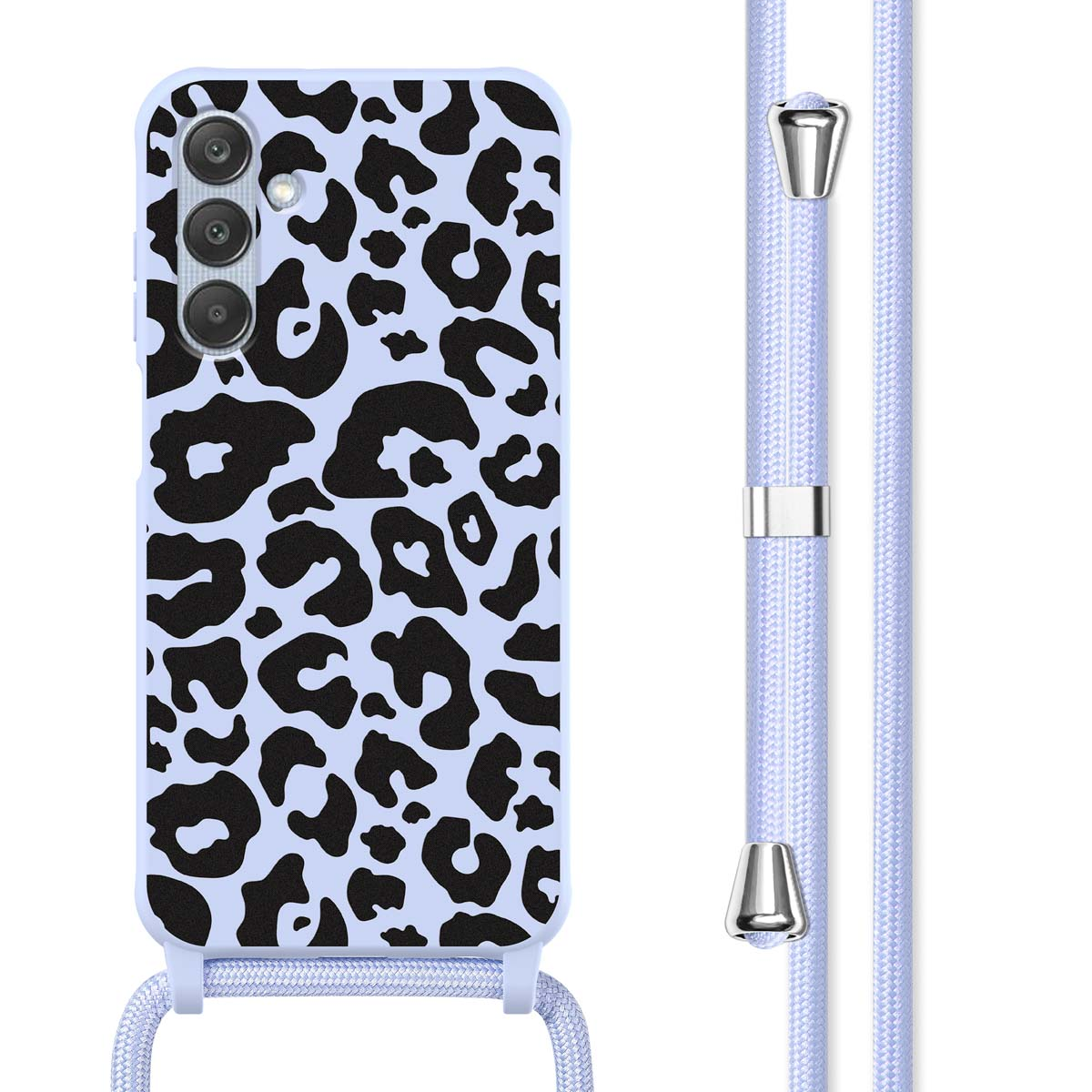 Een telefoonhoesje met een luipaardprint. De hoes is lichtblauw, met zwarte vlekken.