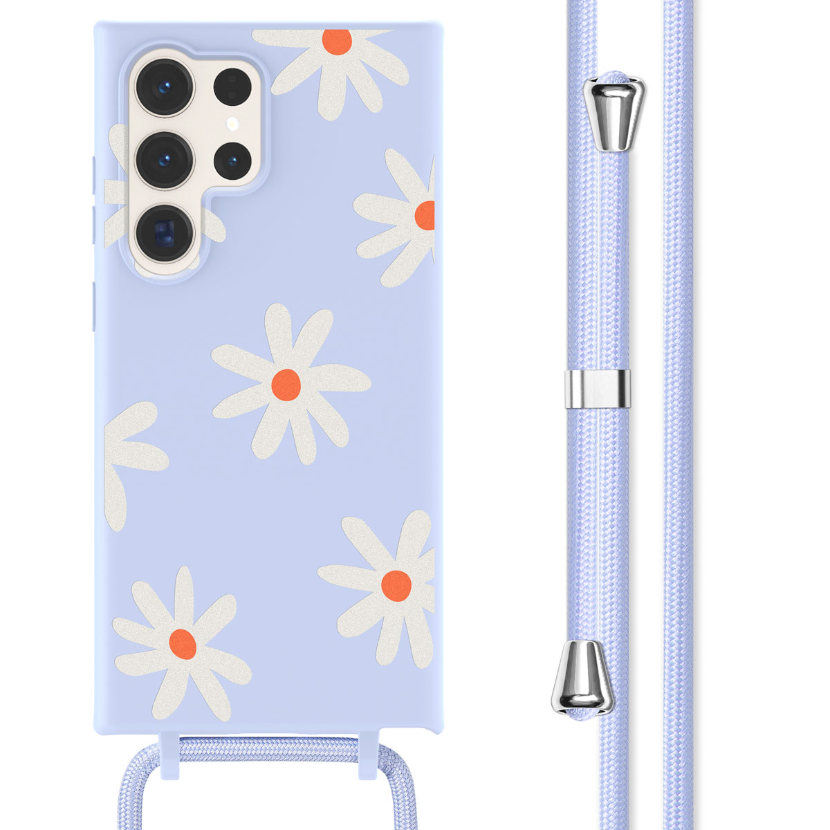 Paars telefoonhoesje met wit madeliefjesontwerp. Passend paars koord. Telefoonhoesje rechts.