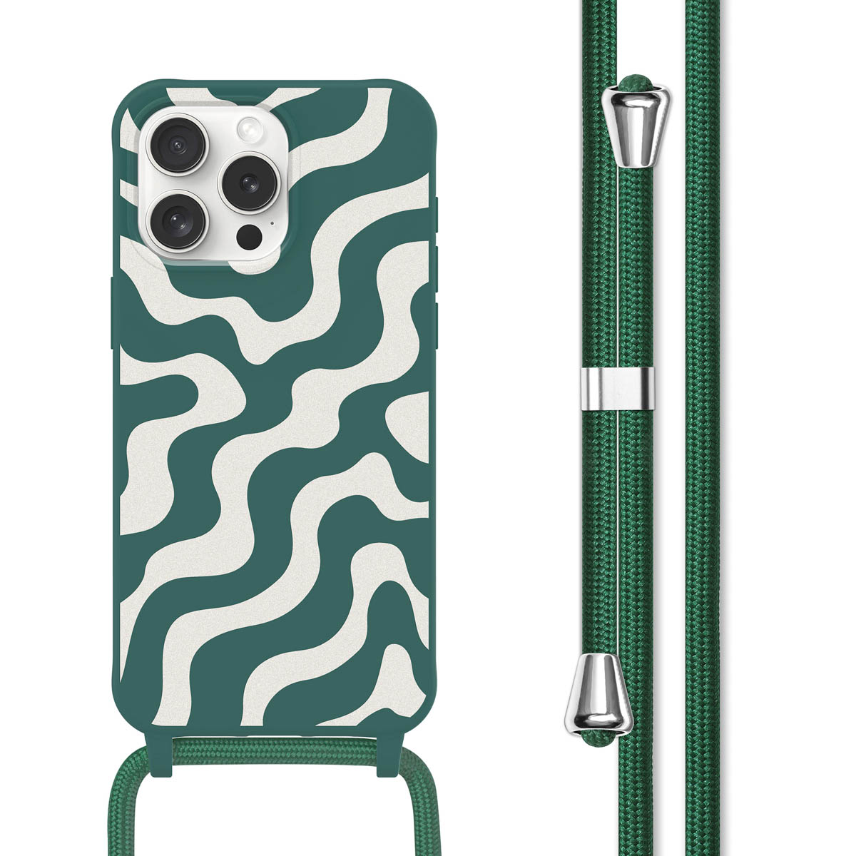 Groen telefoonhoesje met wit golvend design. Passend groen koord. Telefoonhoesje rechts.