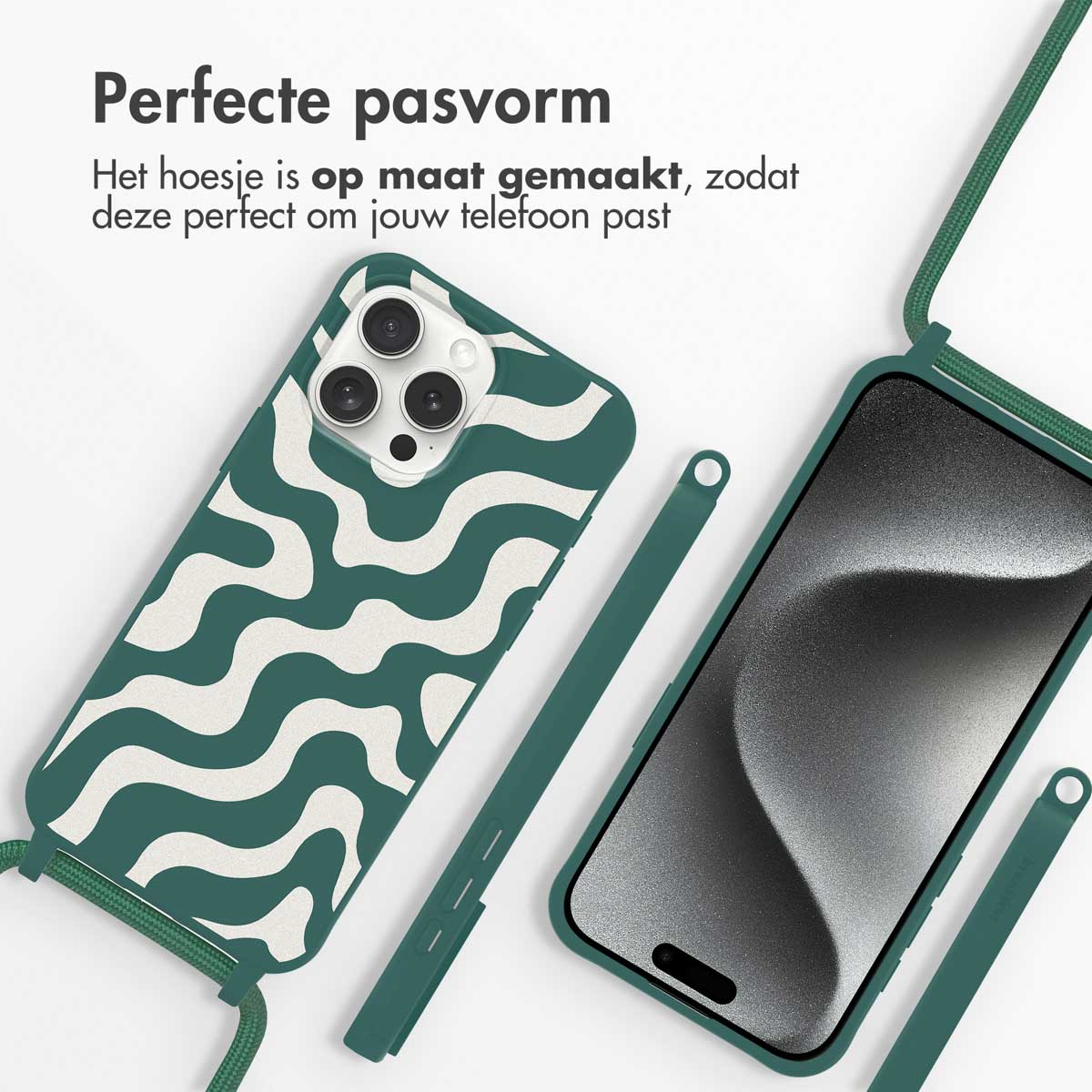 Telefoon met een groen en wit golvend design hoesje. Een bijpassende groene stylus en koord worden getoond.