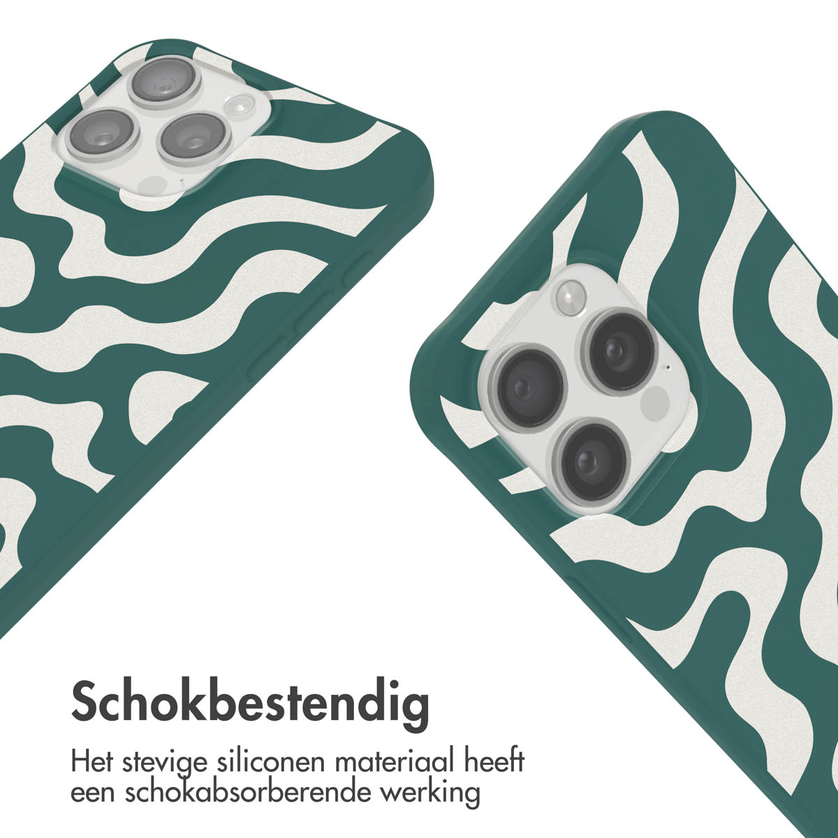 Twee telefoonhoesjes in een golfpatroon. Eén staat op een witte achtergrond.