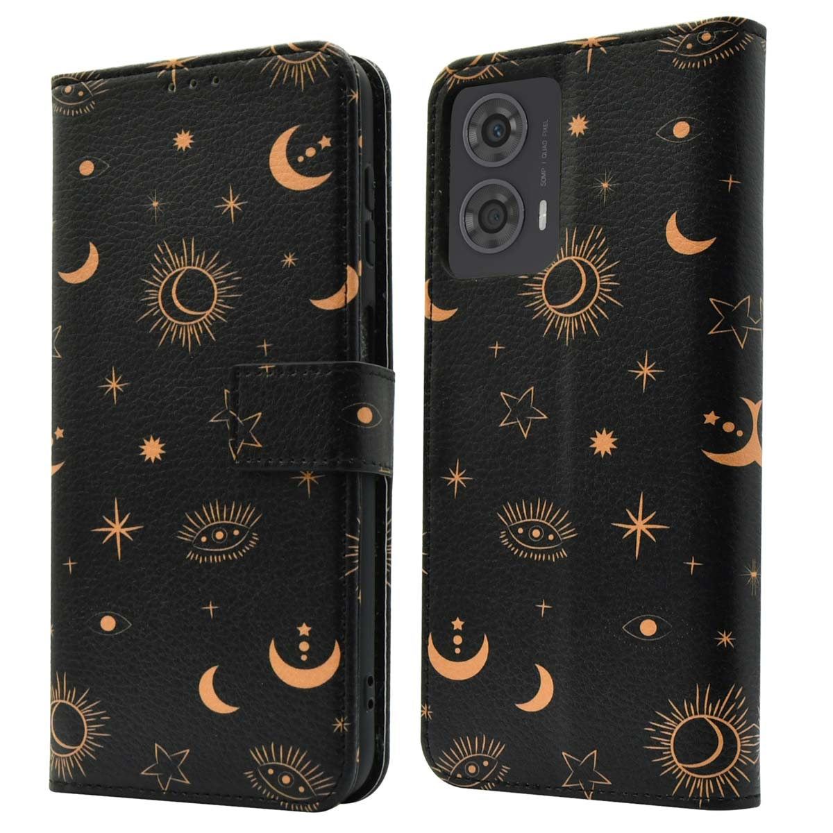 Een telefoonhoesje met zon- en maanontwerpen. De hoes is zwart met gouden elementen.
