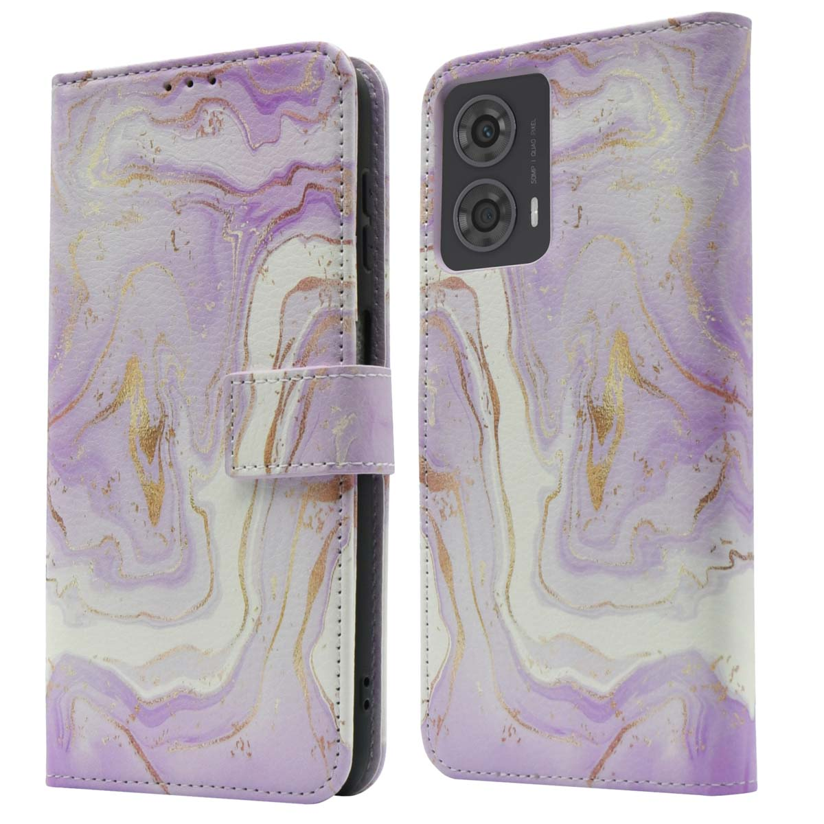 Een telefoonhoesje met een marmerpatroon is zichtbaar. De telefoon is gesloten, met een magnetische sluiting.