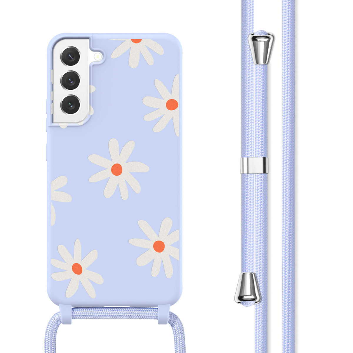 Lichtblauw telefoonhoesje met madeliefpatroon en een lichtblauwe band.