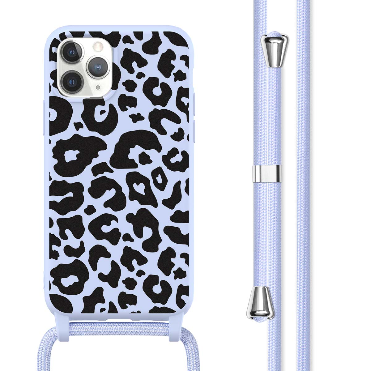 Custodia blu con stampa leopardata nera. Cinturino con dettagli metallici.
