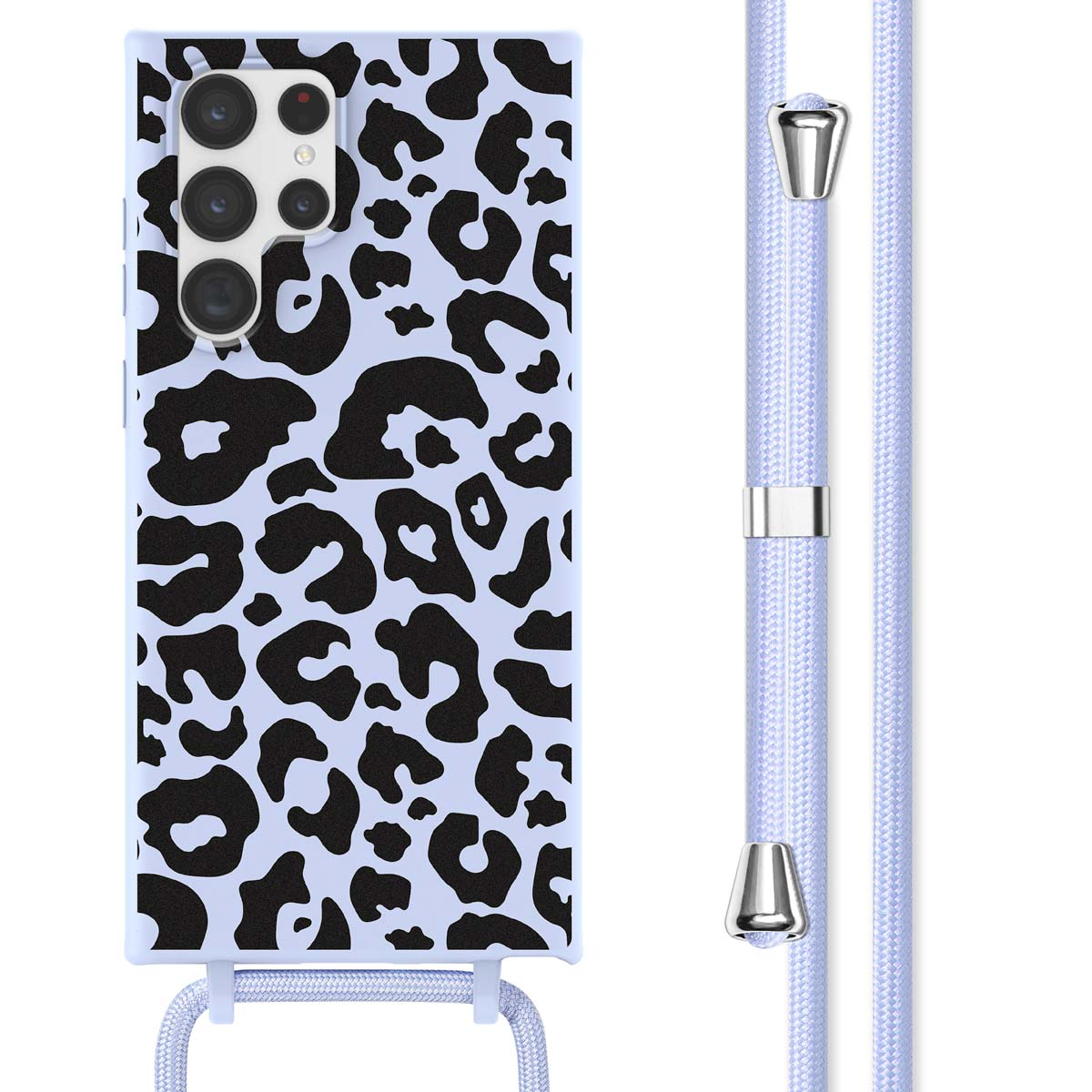 Lichtblauw telefoonhoesje met zwarte luipaardprint. Passend blauw koord. Telefoonhoesje rechts.