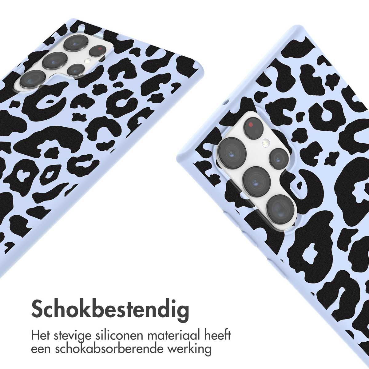 Blauwe telefoonhoes met zwarte luipaardvlekken. Close-up.