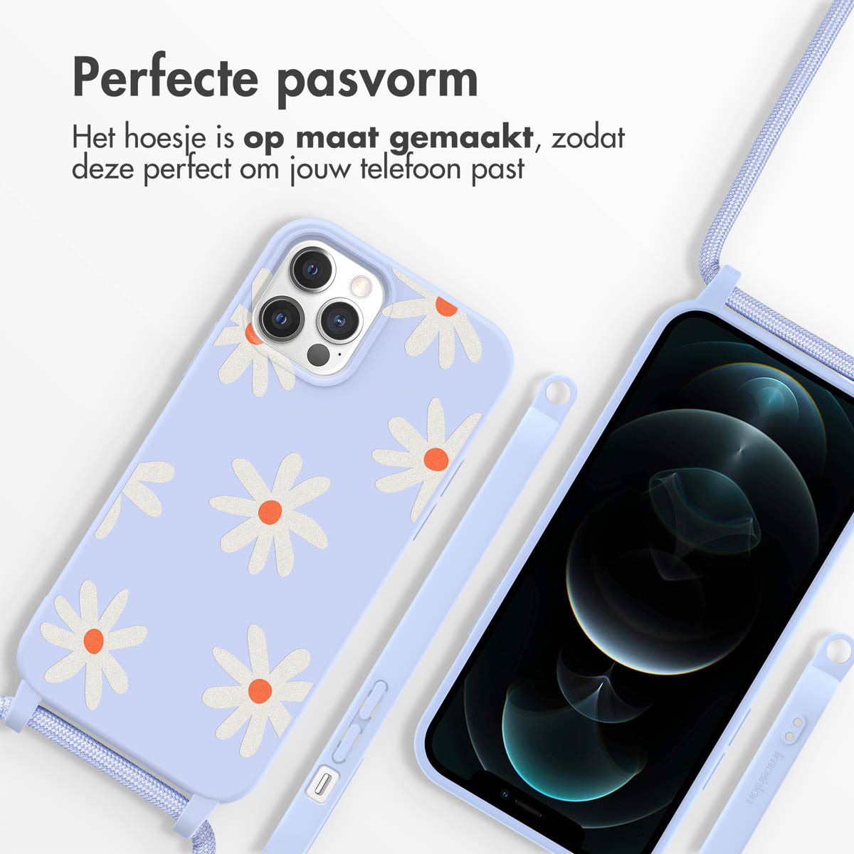 Blaue Handyhülle mit Gänseblümchen-Design. Hülle hat einen blauen Riemen. Telefon zeigt dunklen Bildschirm.