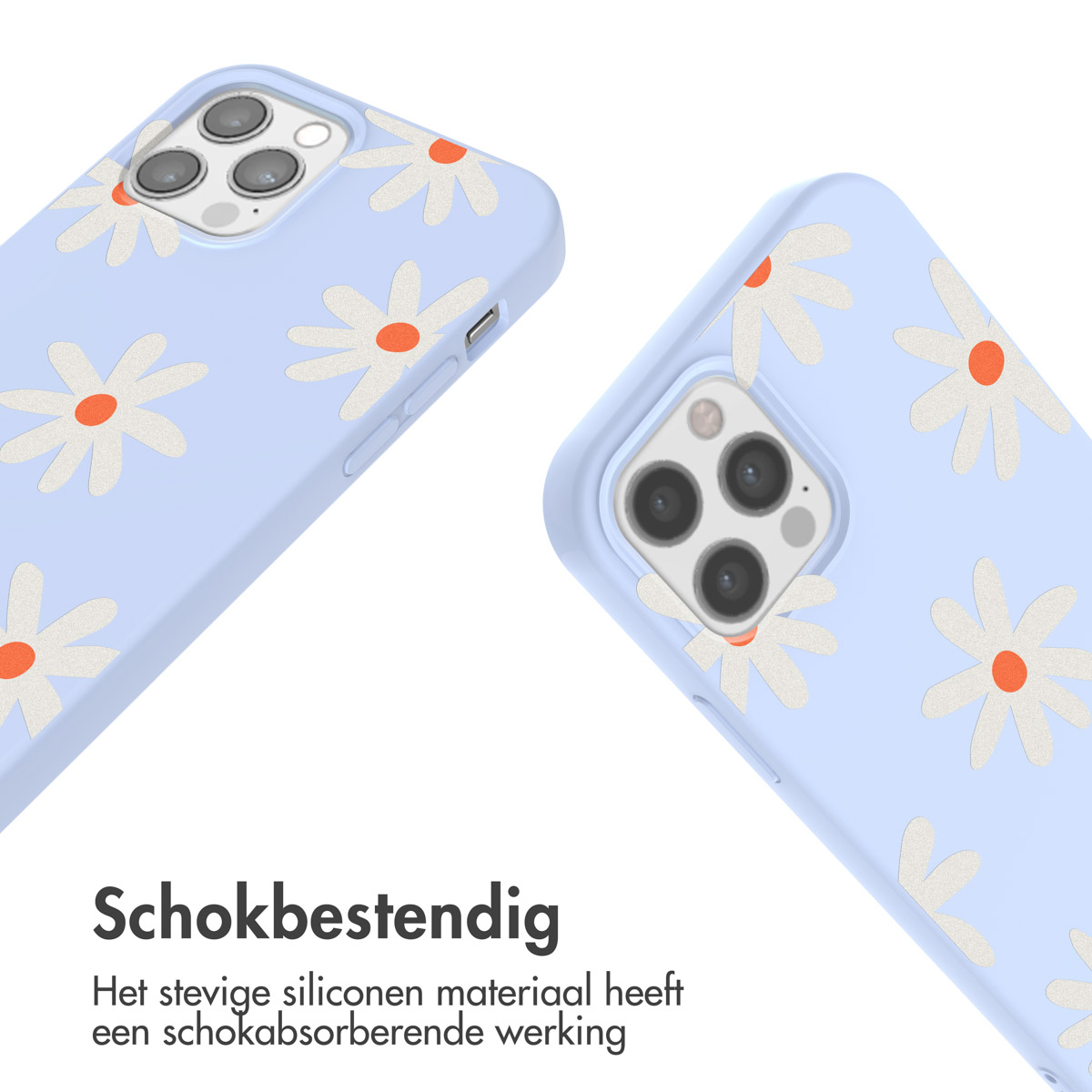 Handyhülle mit Gänseblümchenmuster. Die Handyhülle ist hellblau und hat weiße Blumen.
