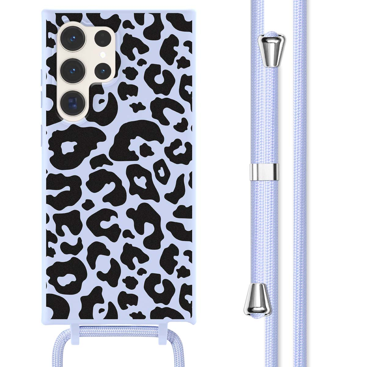 Un étui de téléphone bleu avec un imprimé léopard noir et une sangle assortie est visible.