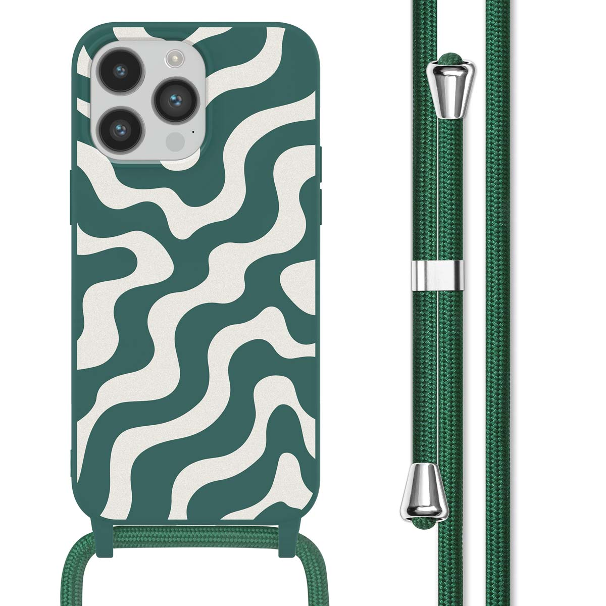 Groene telefoonhoes met golfpatroon. Groen koord bevestigd.
