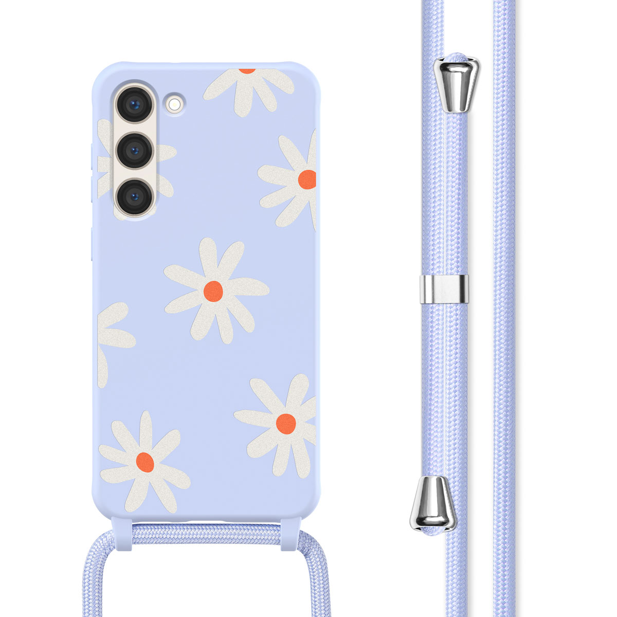 Lichtblauwe telefoonhoes met wit en oranje madeliefjespatroon. Bijpassende lichtblauwe riem.