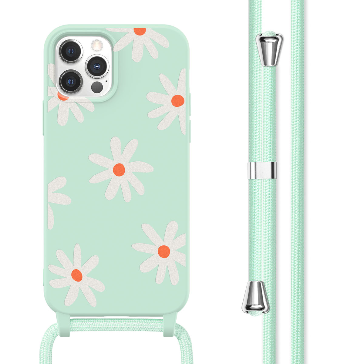 Minzgrüne Handyhülle mit Gänseblümchen und Kordel. Das Telefon ist in der Hülle, Design sichtbar.