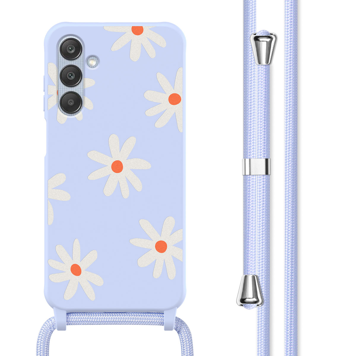 Lichtblauwe telefoonhoes met madeliefpatroon en bijpassend koord.