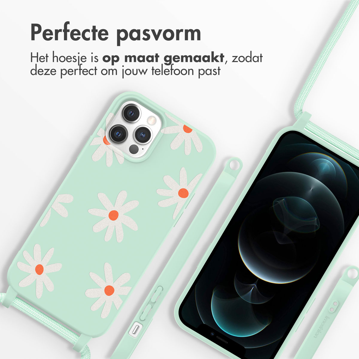 Ein iPhone mit einer mintgrünen Gänseblümchenhülle und Kordel. Das Telefon liegt auf einer Oberfläche.