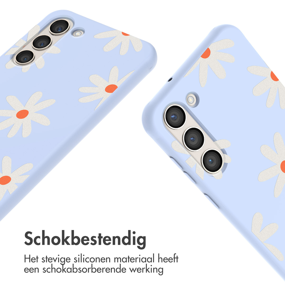 Twee lichtblauwe telefoonhoesjes met witte madeliefjes en oranje centerdesign. Tekst in het Nederlands.