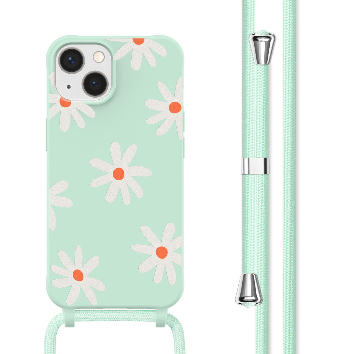 Mintgroene telefoonhoes met madeliefontwerp en bandje. Telefoon heeft meerdere camera's.