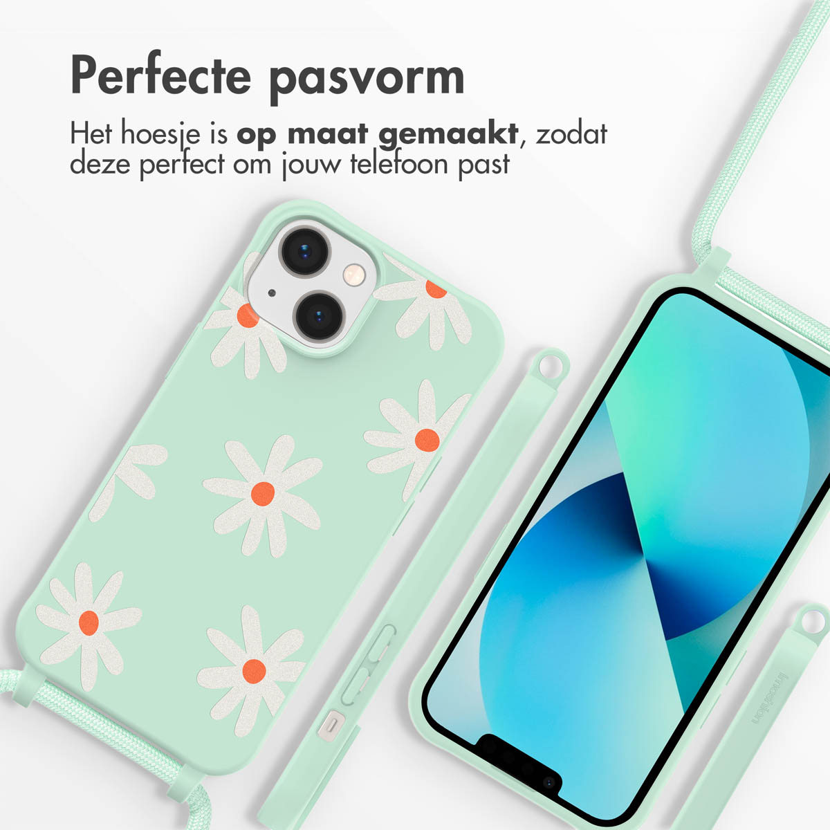 Mintgroene telefoonhoes met witte madeliefjes, groene band en metalen details.