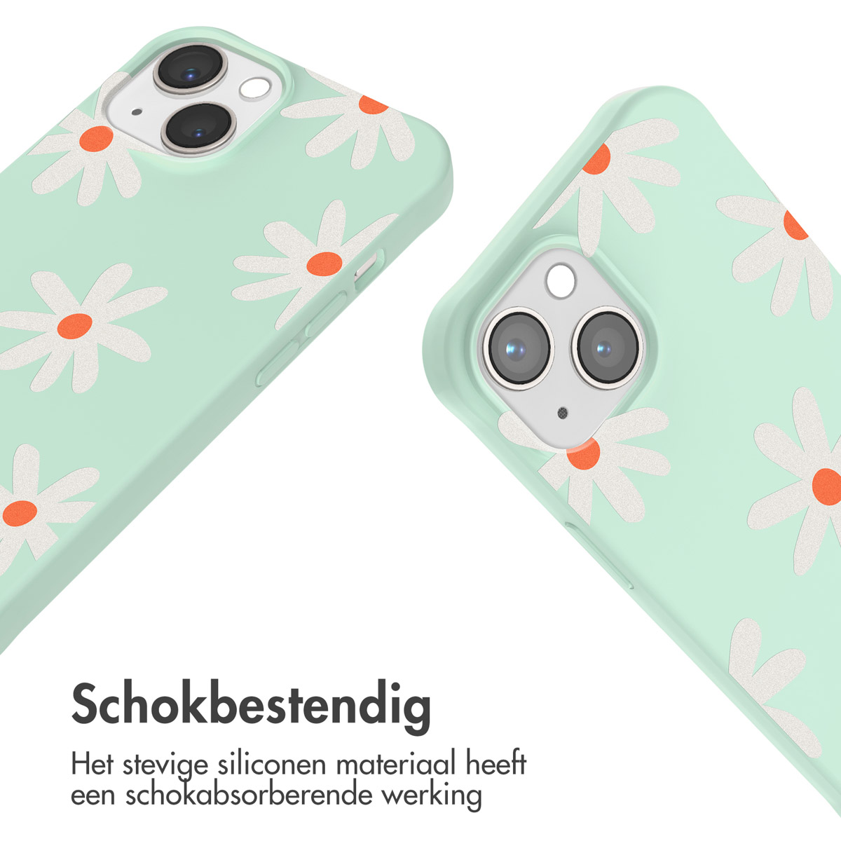 Telefoonhoesje met madeliefjespatroon. De telefoonhoes is mintgroen en heeft witte bloemen.