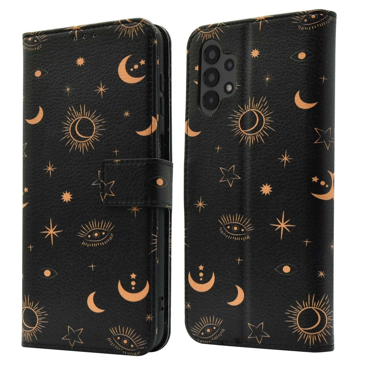 Coque de téléphone noire avec design céleste, soleil, lune et étoiles.