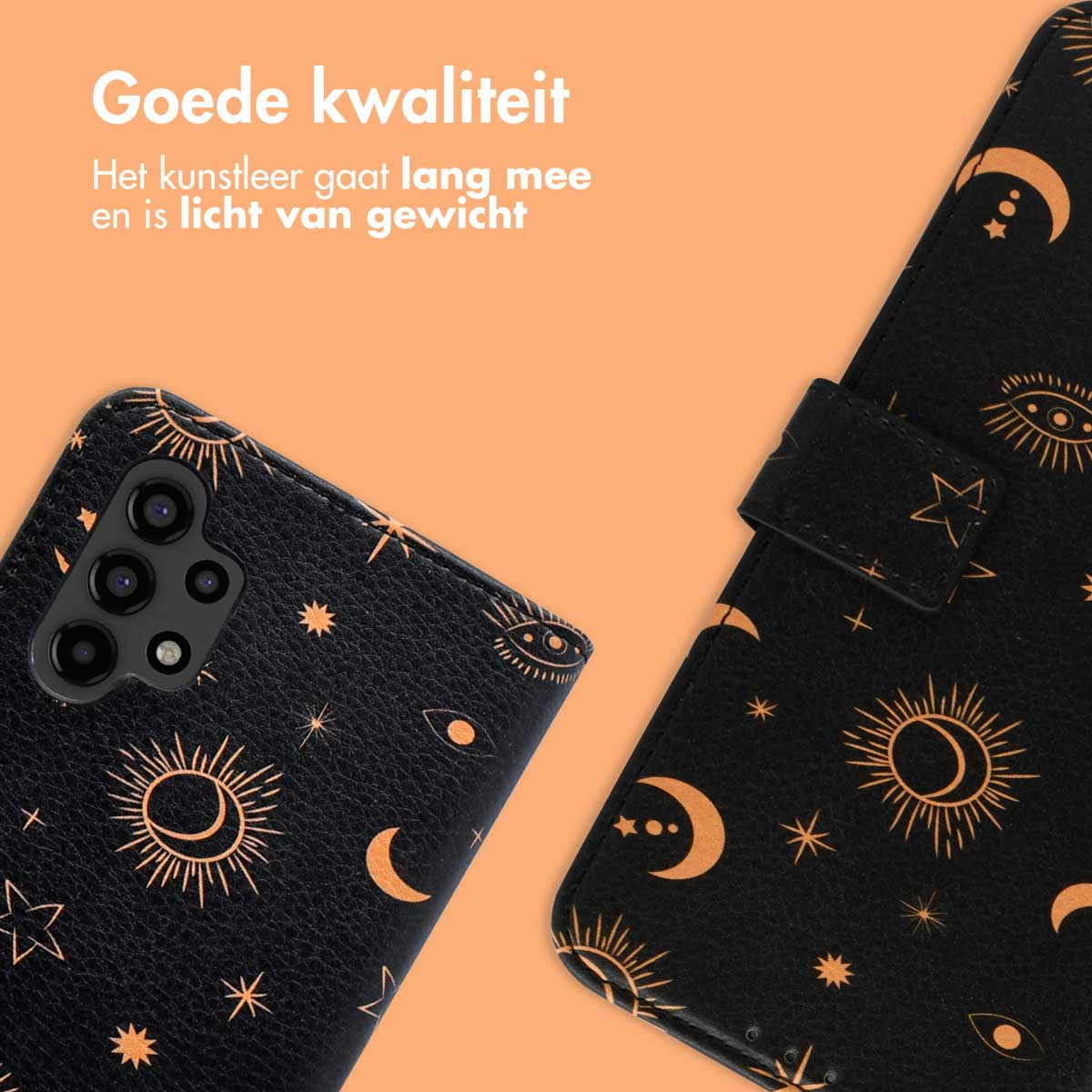 Coque de téléphone noire avec motif céleste doré. Texte : Bonne qualité. Coque ouverte, intérieur visible.