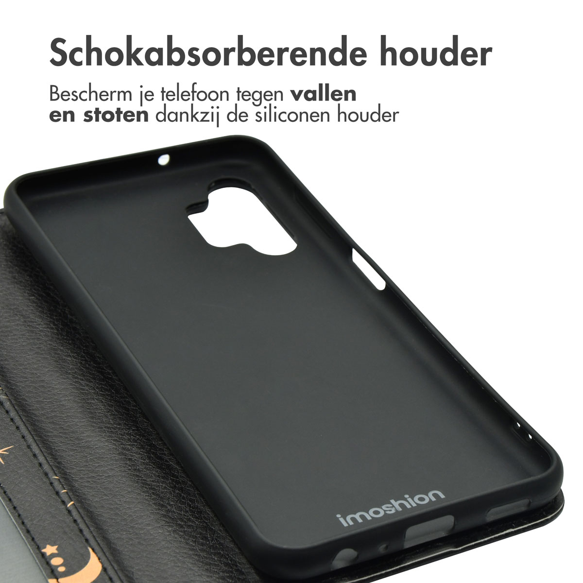 Coque de téléphone noire, ouverte, montrant un intérieur noir. Texte en néerlandais.