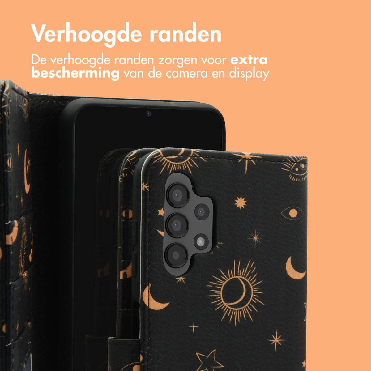 Un étui de téléphone noir avec un motif céleste doré est visible. Un téléphone est visible.