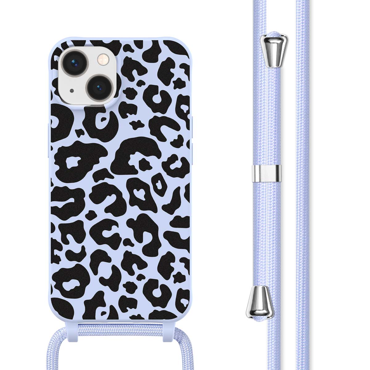 Blauwe telefoonhoes met zwart luipaardpatroon en koord. De telefoonhoes is gesloten. Het koord is blauw.