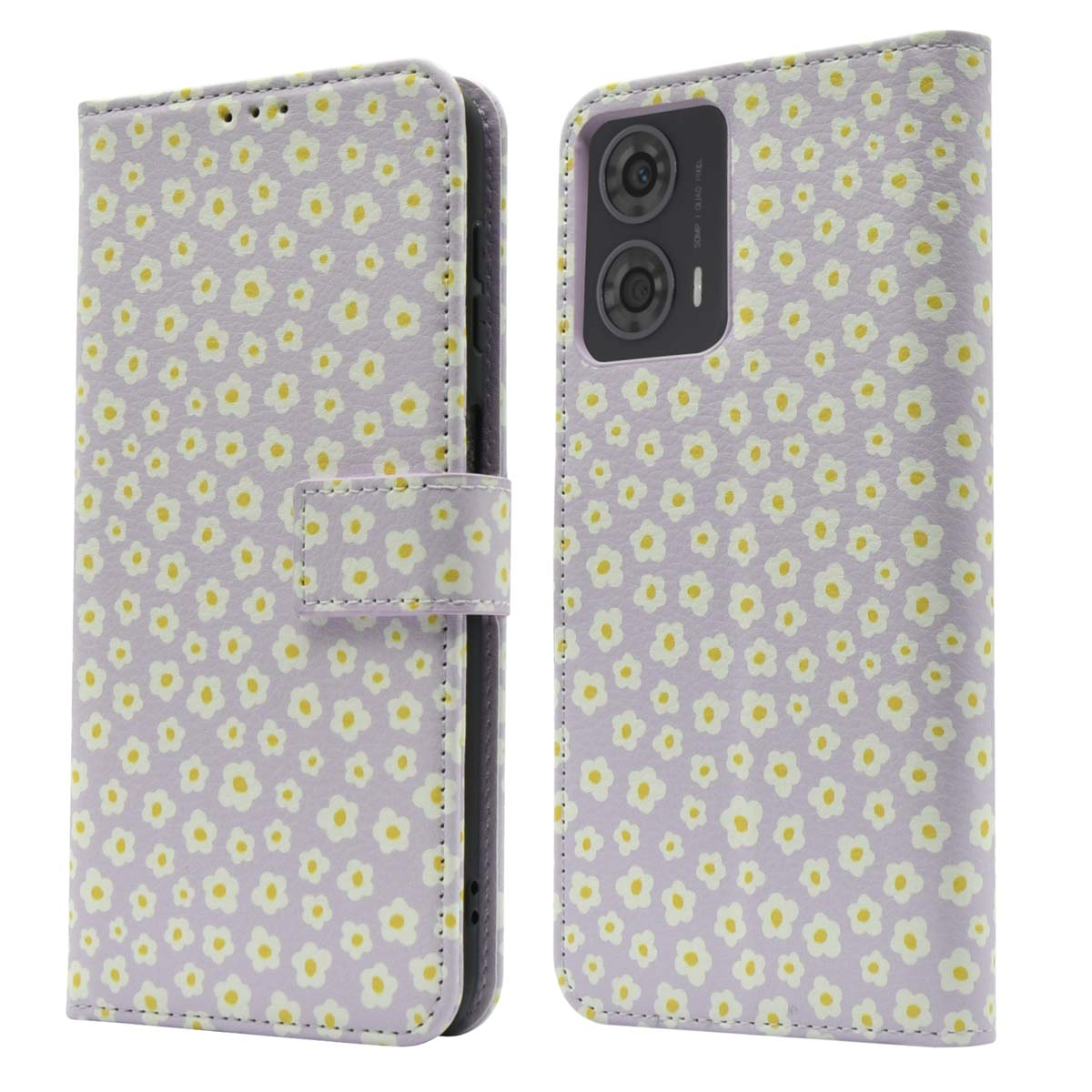Paarse telefoonhoes met kleine witte bloemen. Opengeklapt om de telefoon te tonen.