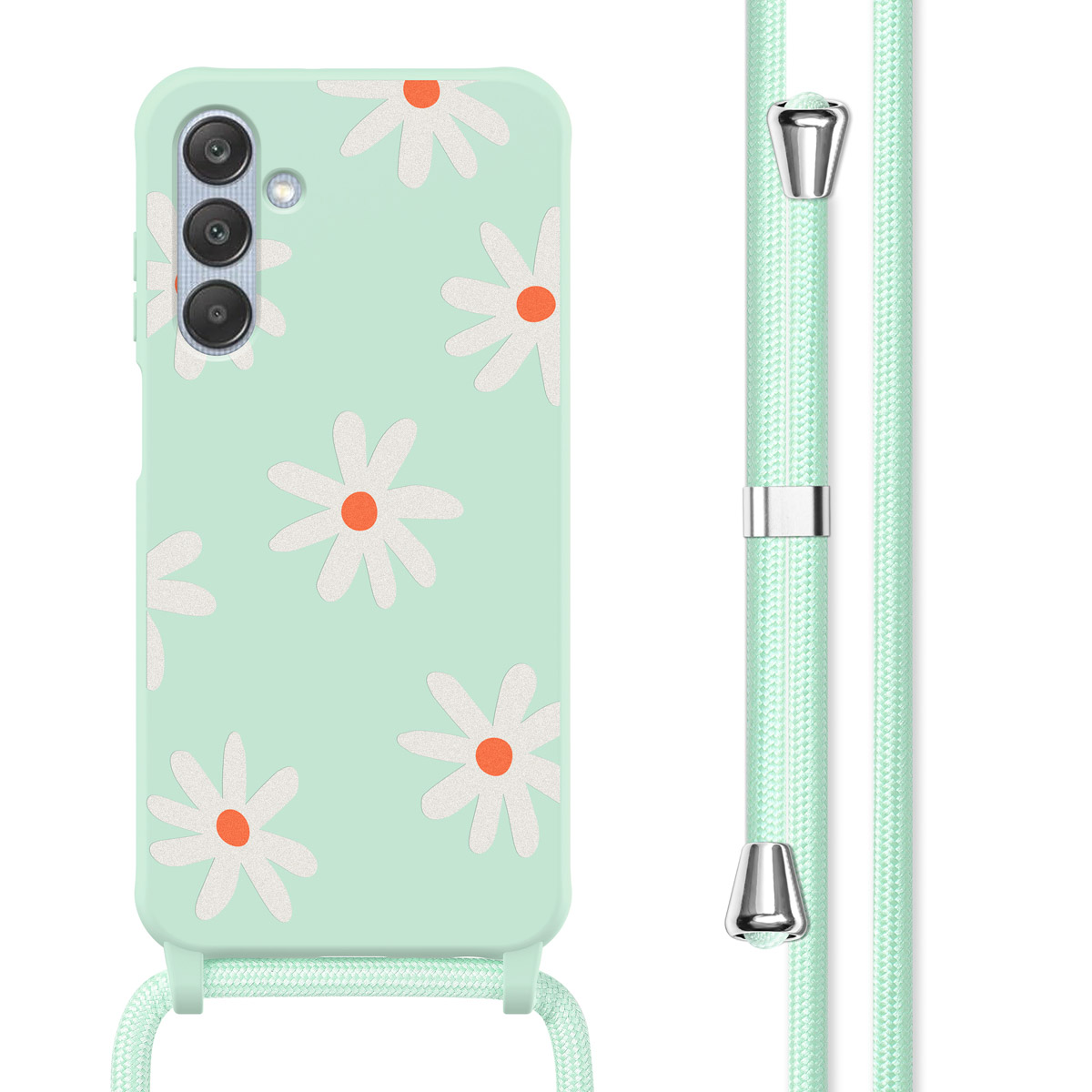 Mintgroene telefoonhoes met een wit en oranje madeliefjespatroon. Bijpassende mintgroene riem.