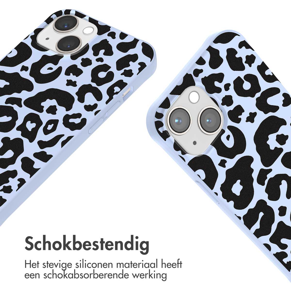 Twee lichtblauwe telefoonhoesjes met zwarte luipaardprint. Tekst: 'Schokbestendig'. Siliconen.