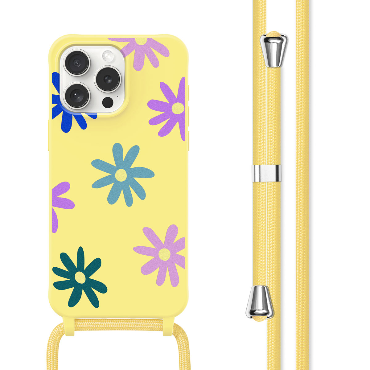 Een gele telefoonhoes met bloemen en een telefoon met een riem.